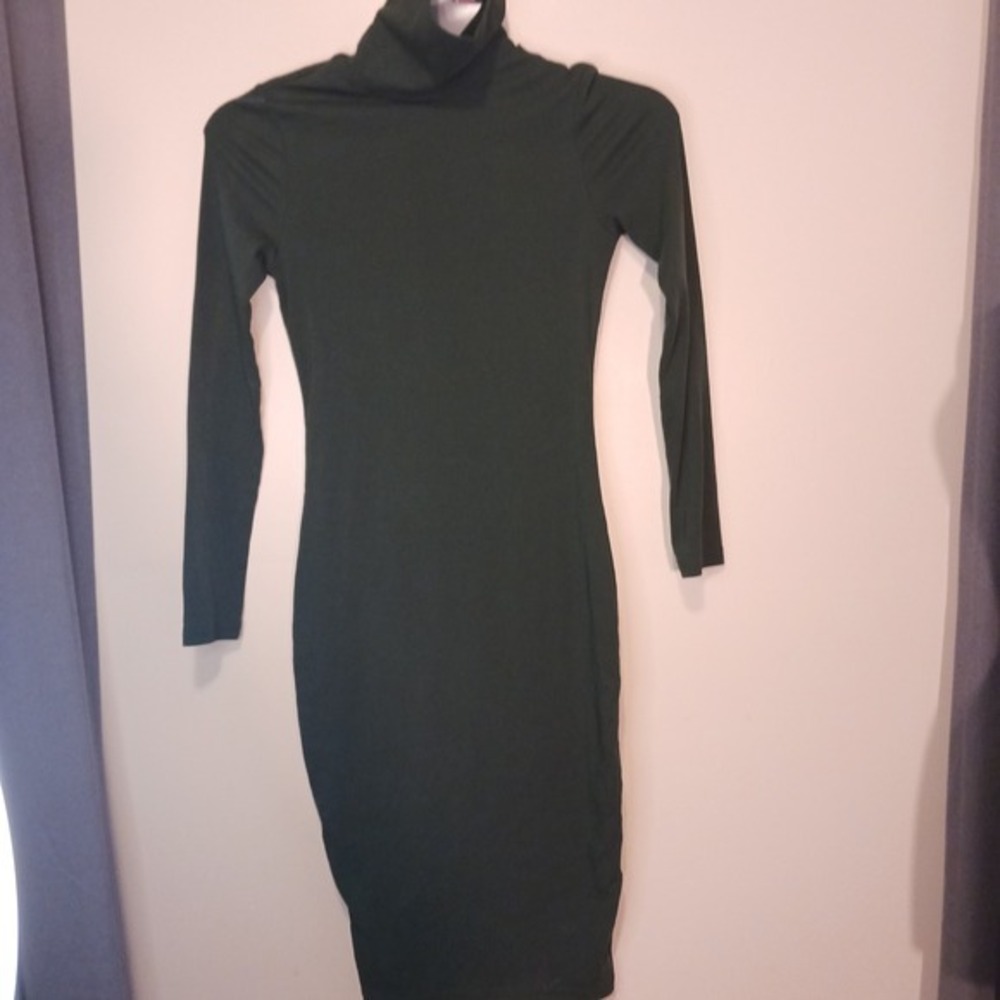Bodycon Sweater Dress Turtleneck Long Sleeve Casual Olive Green Dress‎ Size M